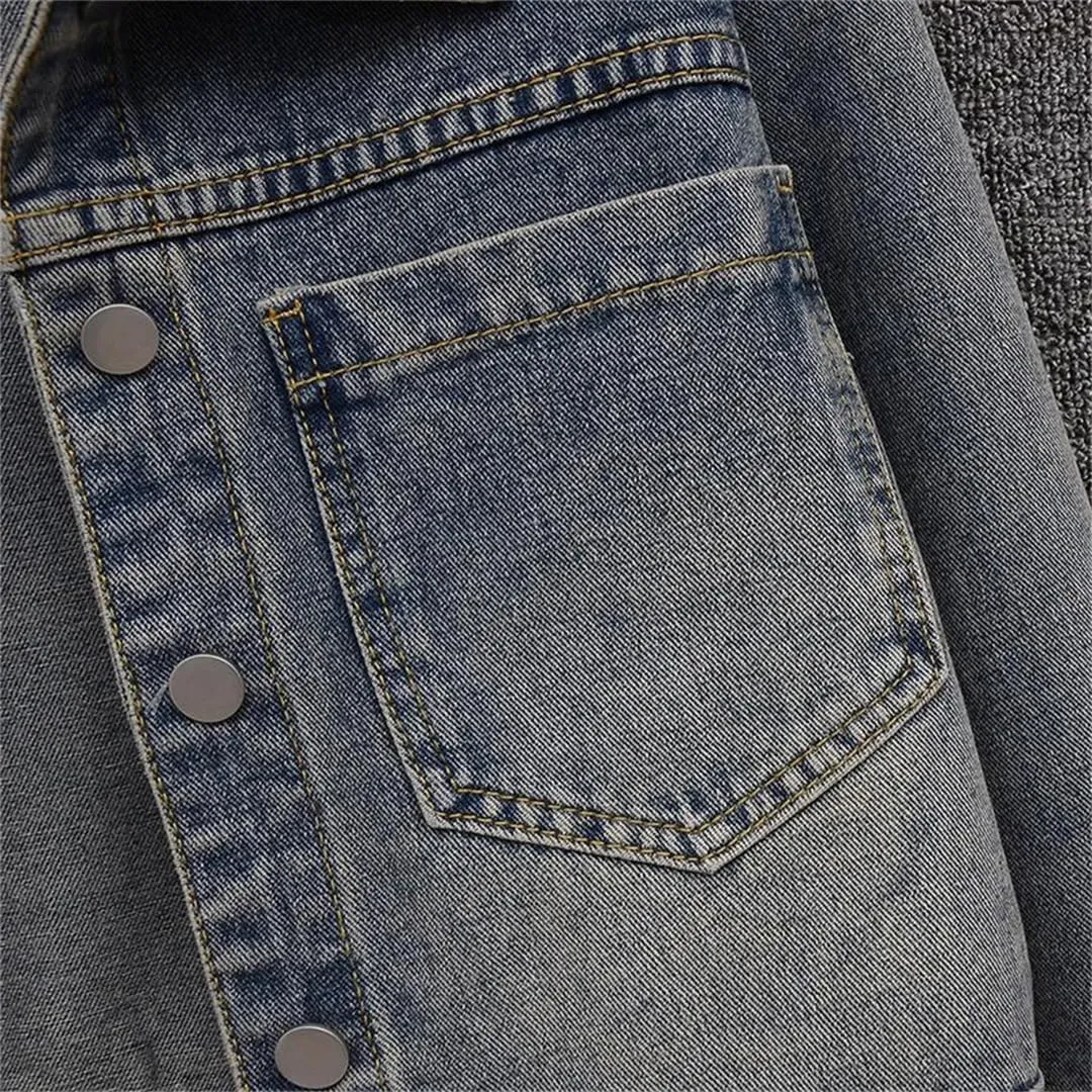 Vsadsau Women's Denim Jacket Loose Casual Buttons Solid Color Lapel Long Sleeve Jean Coats