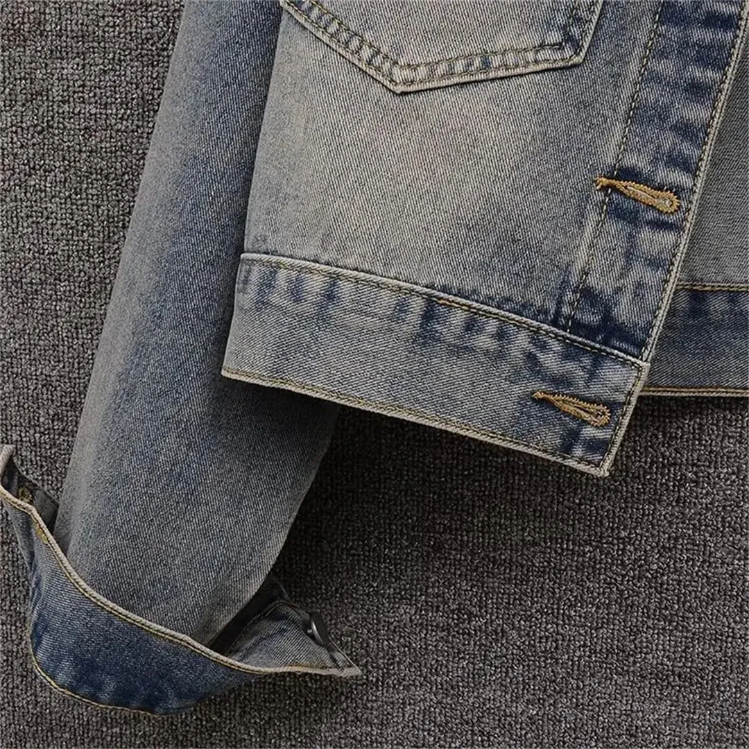 Vsadsau Women's Denim Jacket Loose Casual Buttons Solid Color Lapel Long Sleeve Jean Coats