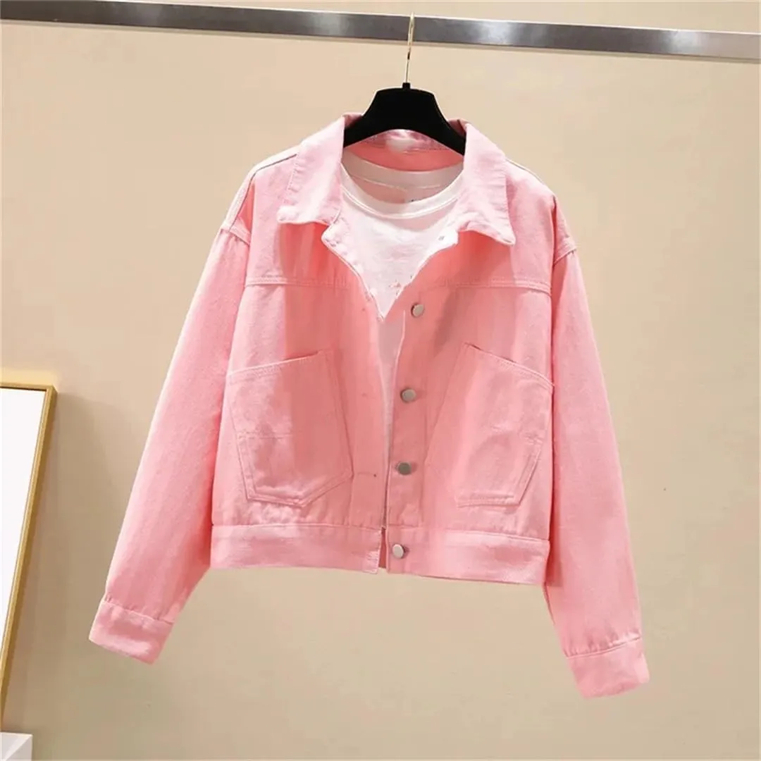 Vsadsau Women's Denim Jacket Loose Casual Long Sleeve Short Lapel Buttons Jean Coats With Pockets