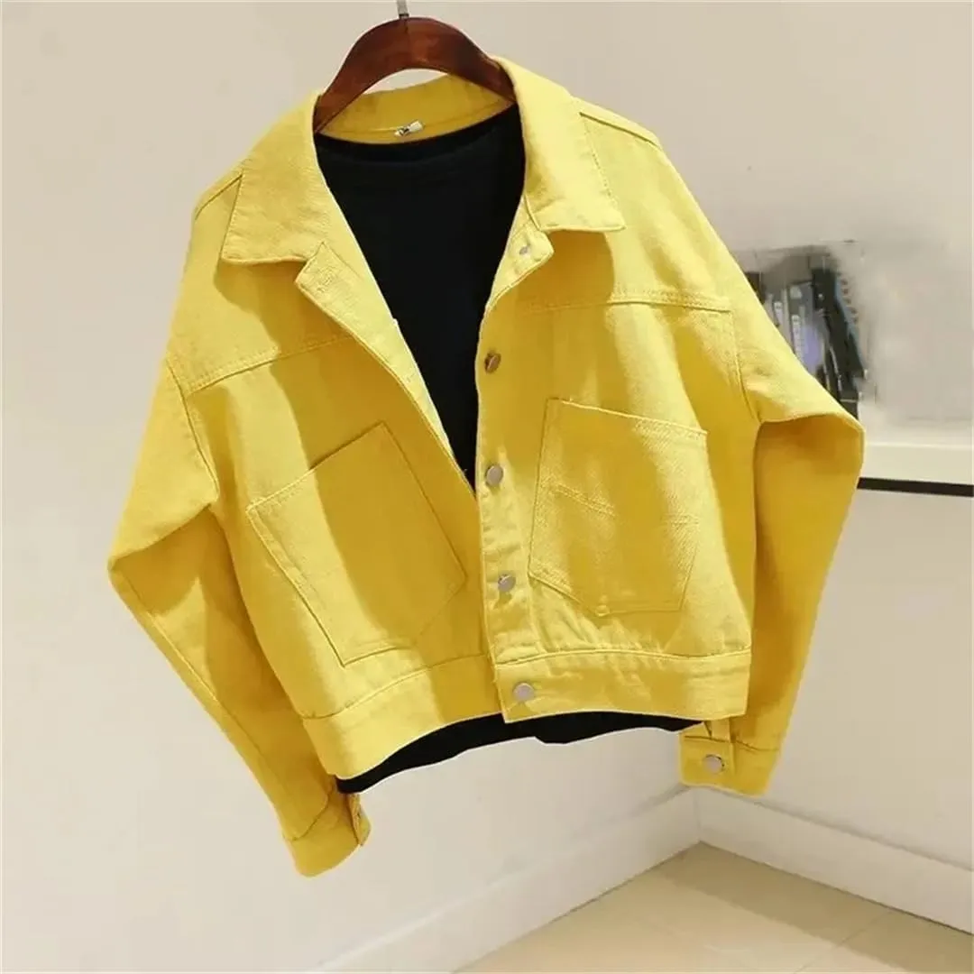 Vsadsau Women's Denim Jacket Loose Casual Long Sleeve Short Lapel Buttons Jean Coats With Pockets