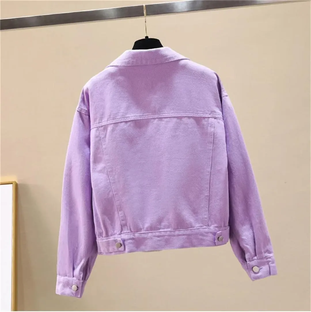 Vsadsau Women's Denim Jacket Loose Casual Long Sleeve Short Lapel Buttons Jean Coats With Pockets