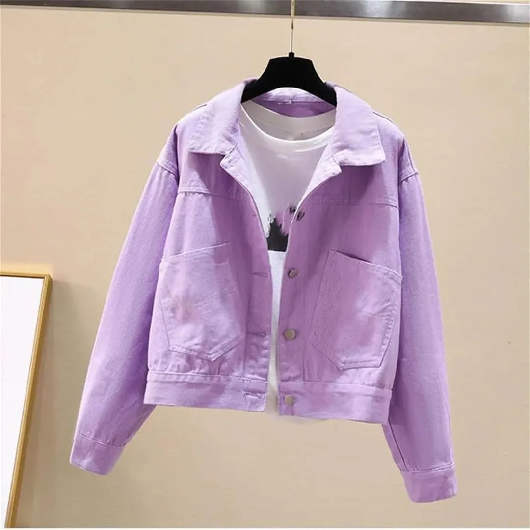 Vsadsau Women's Denim Jacket Loose Casual Long Sleeve Short Lapel Buttons Jean Coats With Pockets