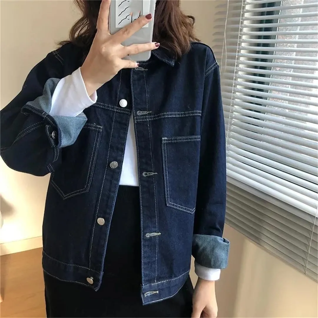 Vsadsau Women's Denim Jacket Retro Buttons Loose Casual Long Sleeve Lapel Jean Coats