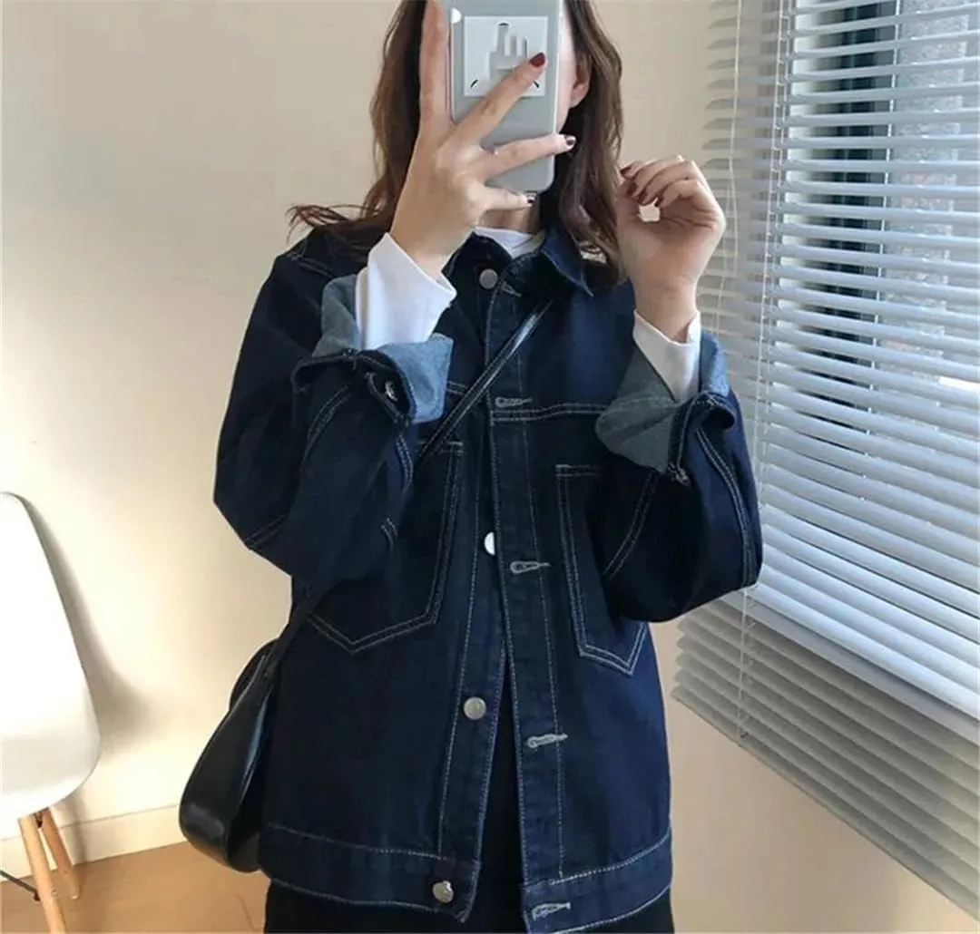 Vsadsau Women's Denim Jacket Retro Buttons Loose Casual Long Sleeve Lapel Jean Coats