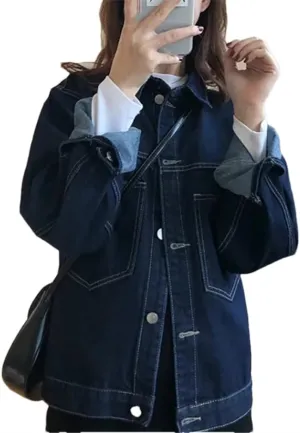 Vsadsau Women's Denim Jacket Retro Buttons Loose Casual Long Sleeve Lapel Jean Coats