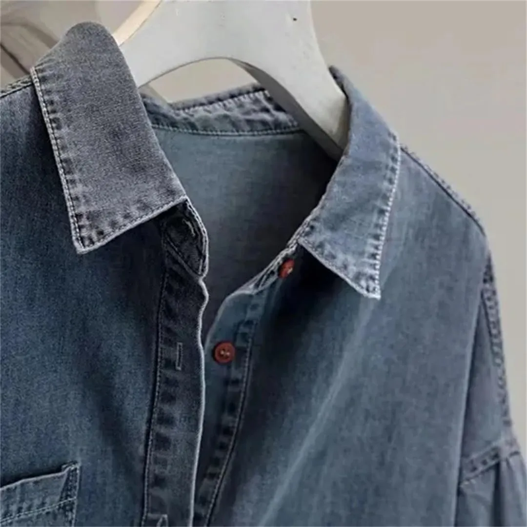 Vsadsau Women's Denim Jacket Shirt 3/4 Sleeves Street Loose Casual Lapel Solid Color Jean Coats