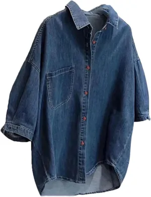 Vsadsau Women's Denim Jacket Shirt 3/4 Sleeves Street Loose Casual Lapel Solid Color Jean Coats