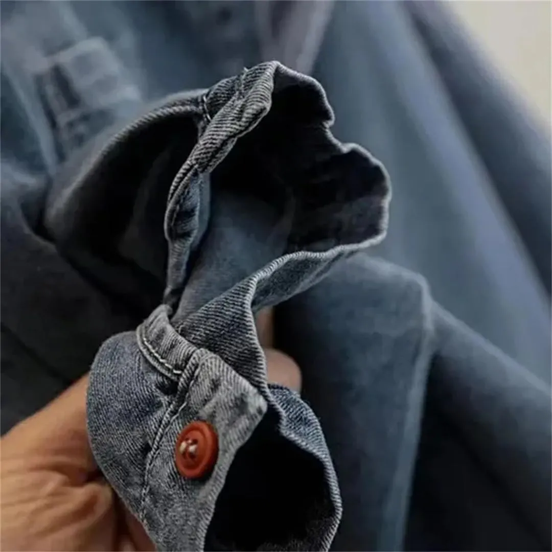 Vsadsau Women's Denim Jacket Shirt 3/4 Sleeves Street Loose Casual Lapel Solid Color Jean Coats