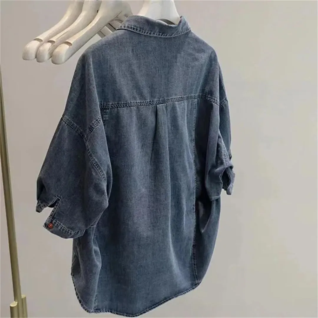 Vsadsau Women's Denim Jacket Shirt 3/4 Sleeves Street Loose Casual Lapel Solid Color Jean Coats