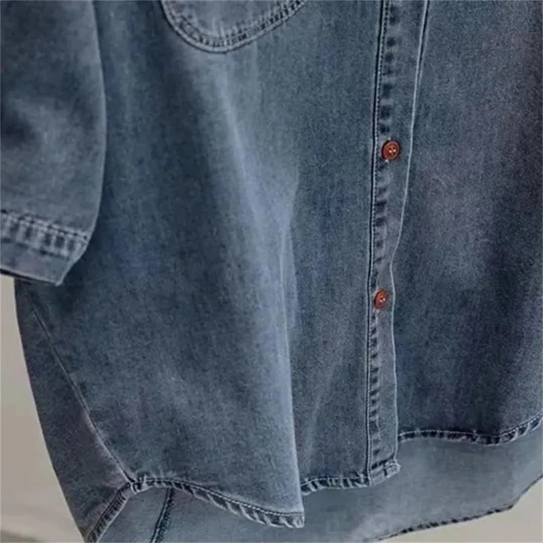 Vsadsau Women's Denim Jacket Shirt 3/4 Sleeves Street Loose Casual Lapel Solid Color Jean Coats