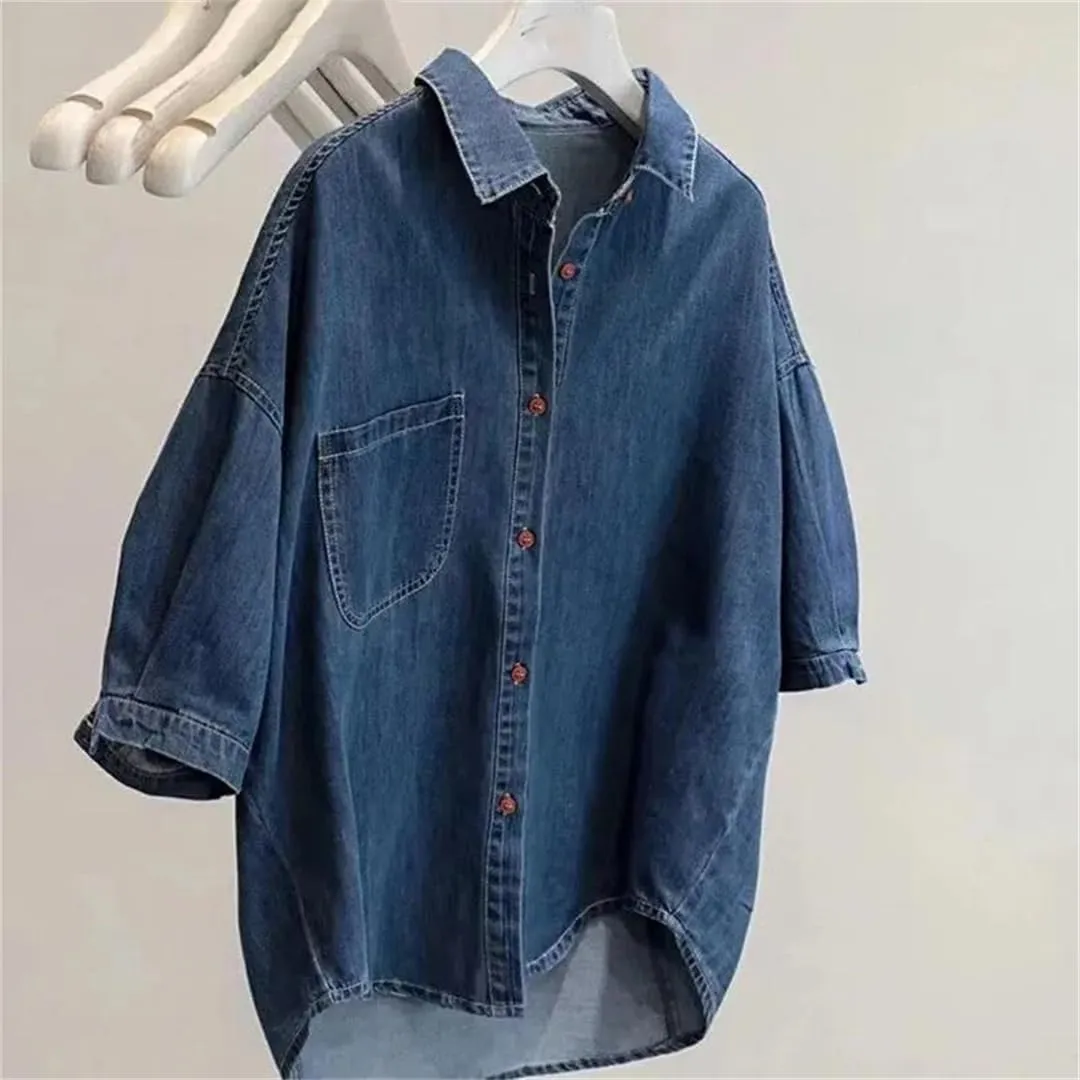 Vsadsau Women's Denim Jacket Shirt 3/4 Sleeves Street Loose Casual Lapel Solid Color Jean Coats