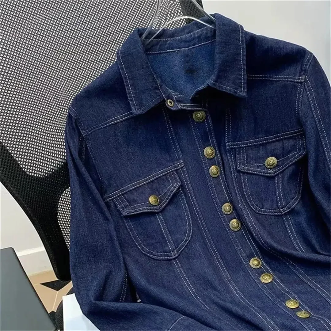 Vsadsau Women's Denim Jacket Shirt Loose Retro Casual Long Sleeve Thin Lapel Buttons Jean Coats