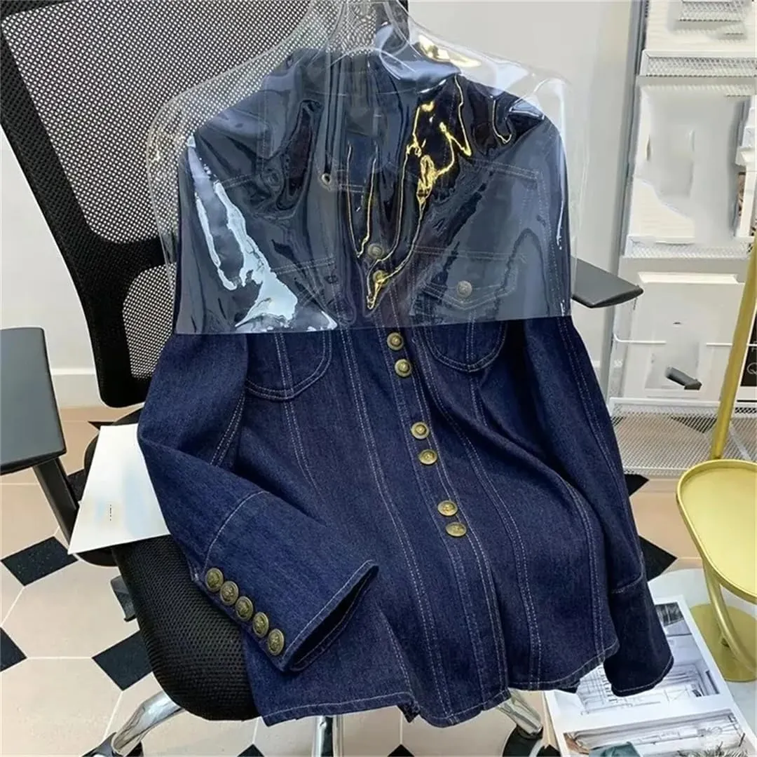 Vsadsau Women's Denim Jacket Shirt Loose Retro Casual Long Sleeve Thin Lapel Buttons Jean Coats