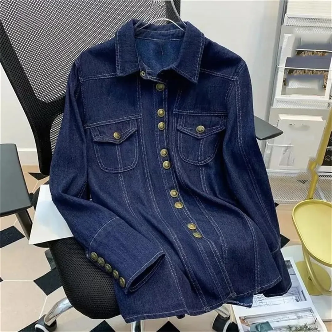 Vsadsau Women's Denim Jacket Shirt Loose Retro Casual Long Sleeve Thin Lapel Buttons Jean Coats