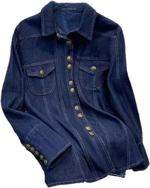 Vsadsau Women's Denim Jacket Shirt Loose Retro Casual Long Sleeve Thin Lapel Buttons Jean Coats