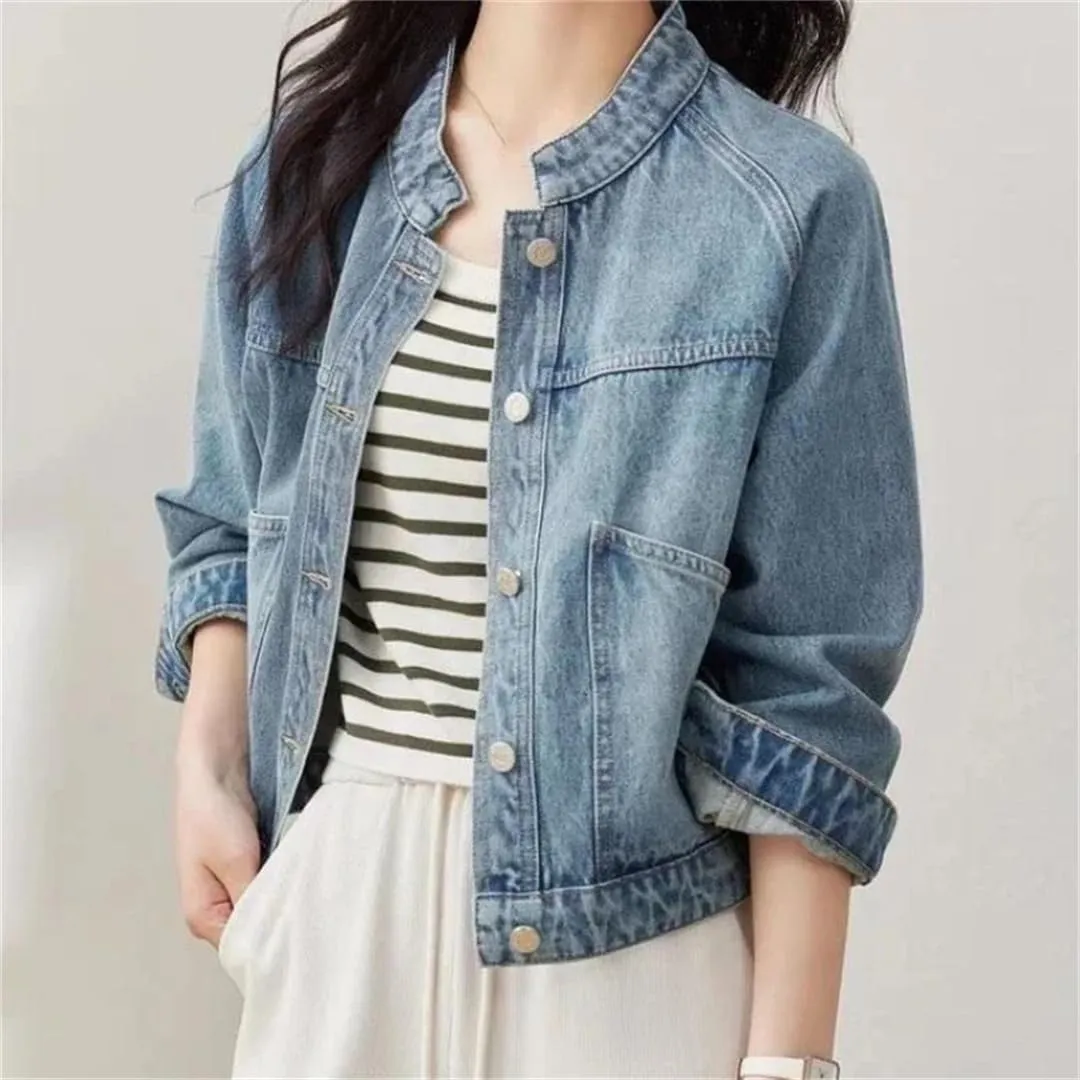 Vsadsau Women's Denim Jacket Solid Color Mock Neck Long Sleeve Casual Single-Breasted Jean Coats