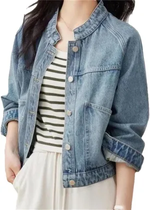 Vsadsau Women's Denim Jacket Solid Color Mock Neck Long Sleeve Casual Single-Breasted Jean Coats