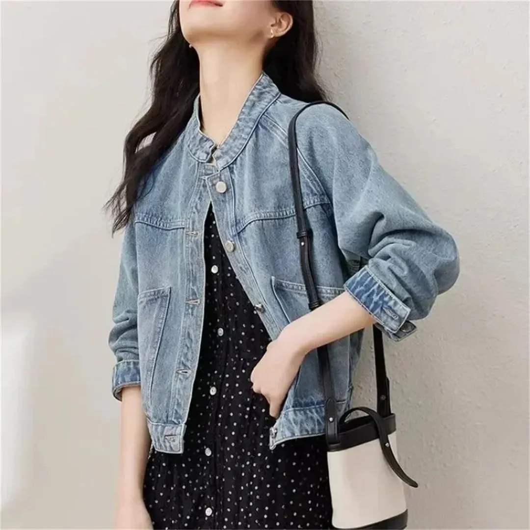 Vsadsau Women's Denim Jacket Solid Color Mock Neck Long Sleeve Casual Single-Breasted Jean Coats