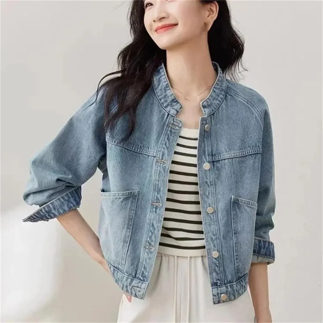 Vsadsau Women's Denim Jacket Solid Color Mock Neck Long Sleeve Casual Single-Breasted Jean Coats
