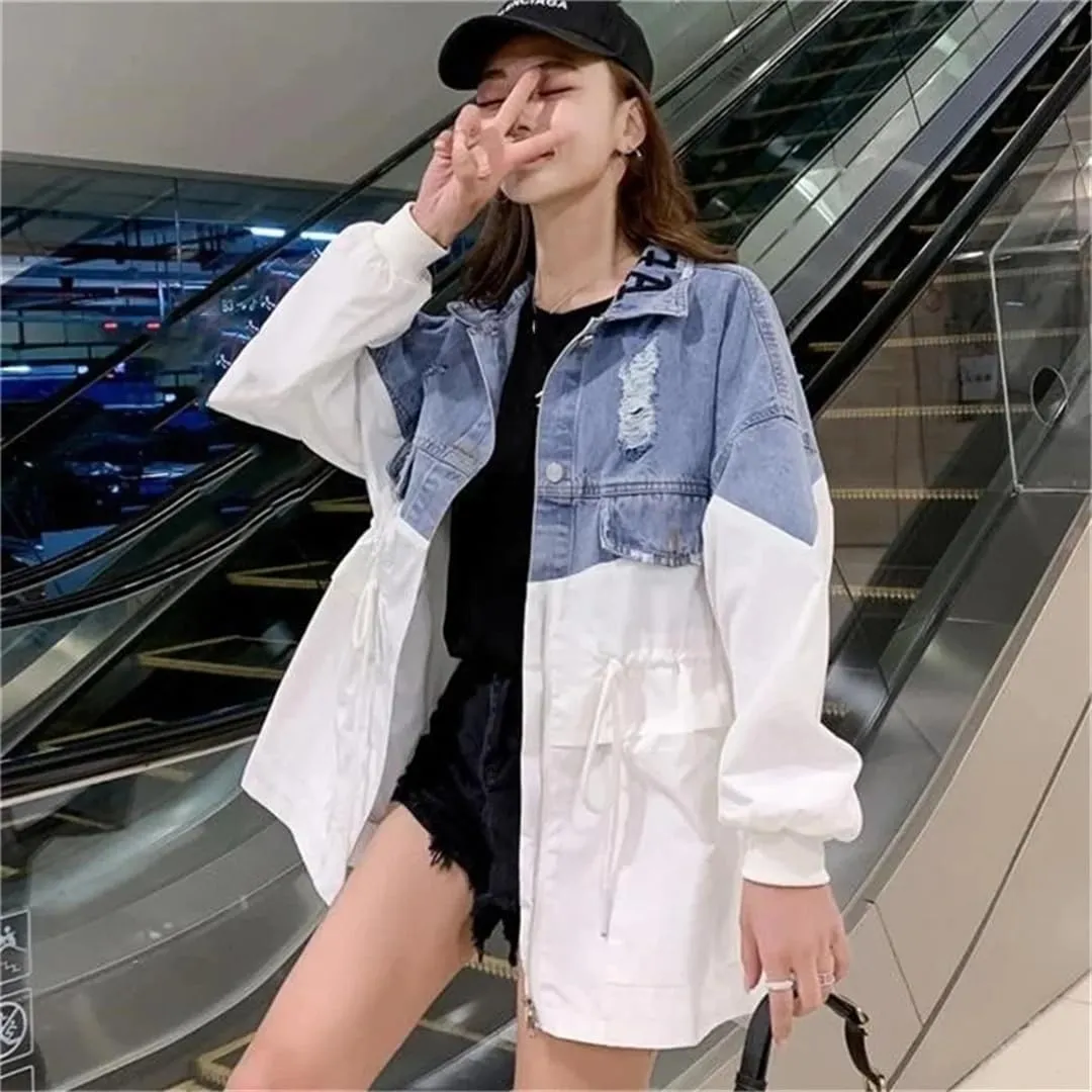 Vsadsau Women's Long Denim Jacket Loose Casual Long Sleeves Lapel Long Zipper Jean Coats