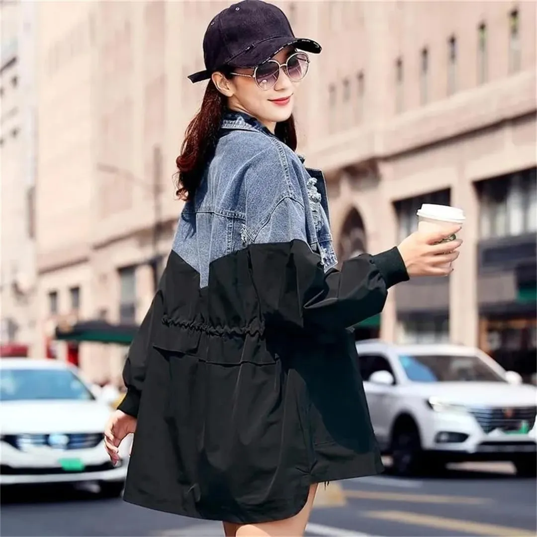 Vsadsau Women's Long Denim Jacket Loose Casual Long Sleeves Lapel Long Zipper Jean Coats