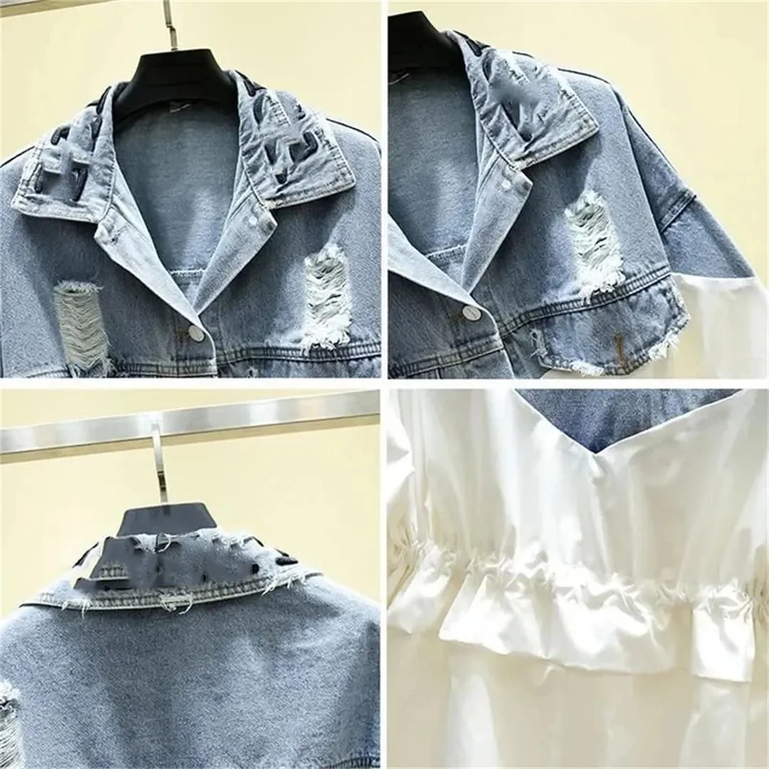 Vsadsau Women's Long Denim Jacket Loose Casual Long Sleeves Lapel Long Zipper Jean Coats