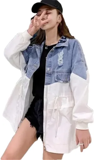Vsadsau Women's Long Denim Jacket Loose Casual Long Sleeves Lapel Long Zipper Jean Coats