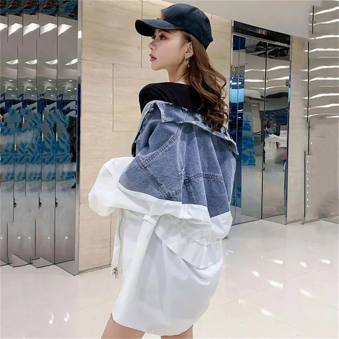 Vsadsau Women's Long Denim Jacket Loose Casual Long Sleeves Lapel Long Zipper Jean Coats