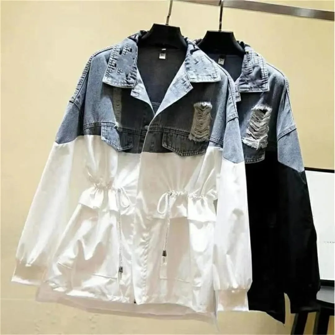 Vsadsau Women's Long Denim Jacket Loose Casual Long Sleeves Lapel Long Zipper Jean Coats
