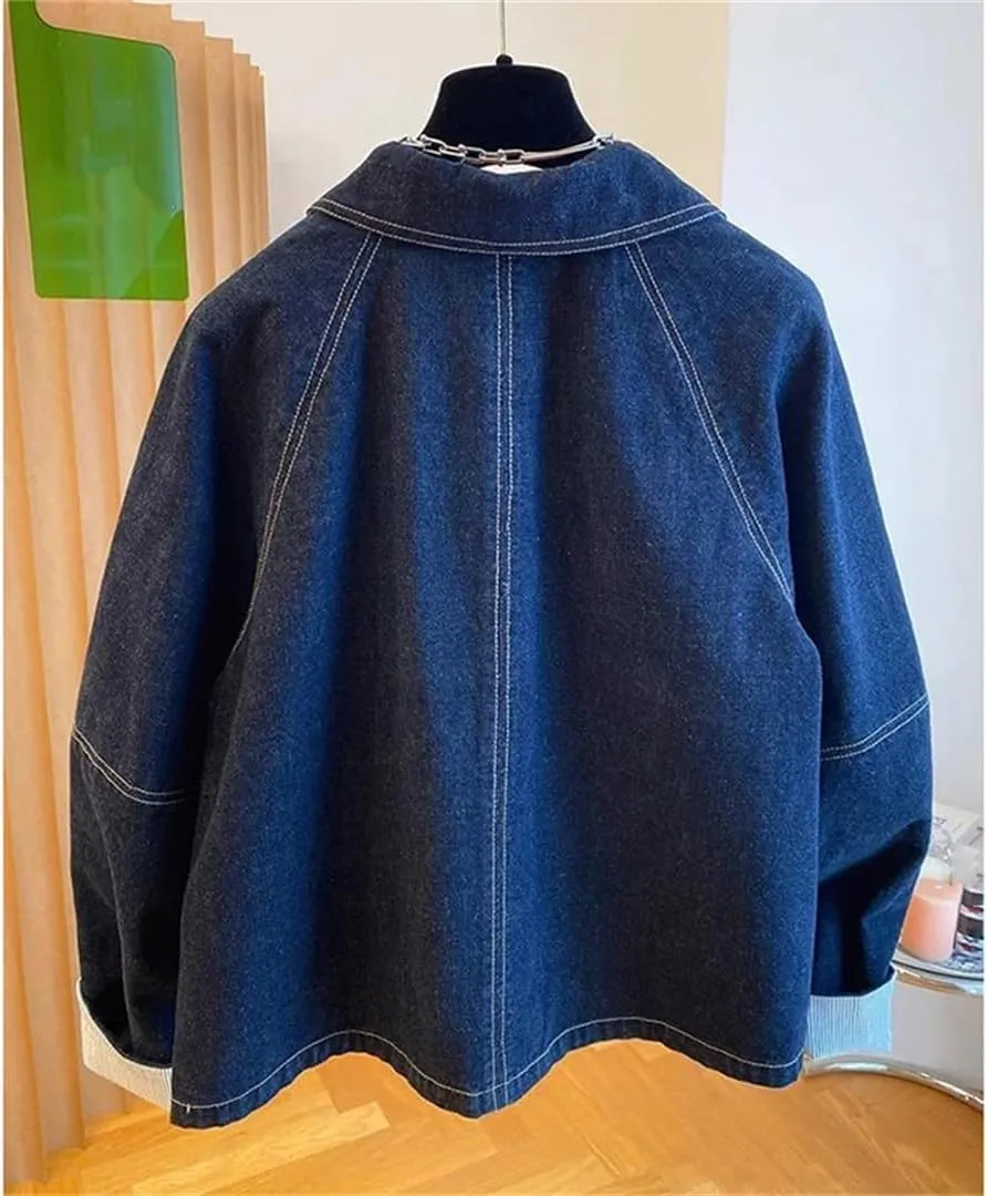 Vsadsau Women's Loose Denim Jacket Solid Color Long Sleeve Single-Breasted Retro Casual Jean Coats