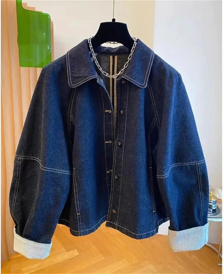 Vsadsau Women's Loose Denim Jacket Solid Color Long Sleeve Single-Breasted Retro Casual Jean Coats