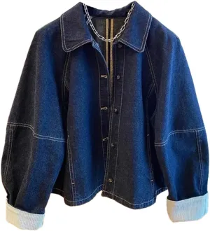 Vsadsau Women's Loose Denim Jacket Solid Color Long Sleeve Single-Breasted Retro Casual Jean Coats