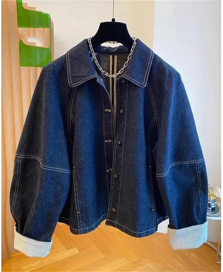 Vsadsau Women's Loose Denim Jacket Solid Color Long Sleeve Single-Breasted Retro Casual Jean Coats