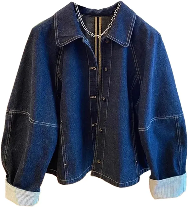 Vsadsau Women's Loose Denim Jacket Solid Color Long Sleeve Single-Breasted Retro Casual Jean Coats