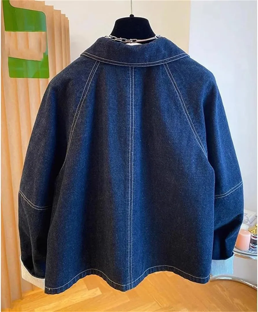 Vsadsau Women's Loose Denim Jacket Solid Color Long Sleeve Single-Breasted Retro Casual Jean Coats