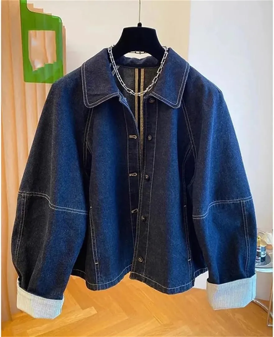 Vsadsau Women's Loose Denim Jacket Solid Color Long Sleeve Single-Breasted Retro Casual Jean Coats