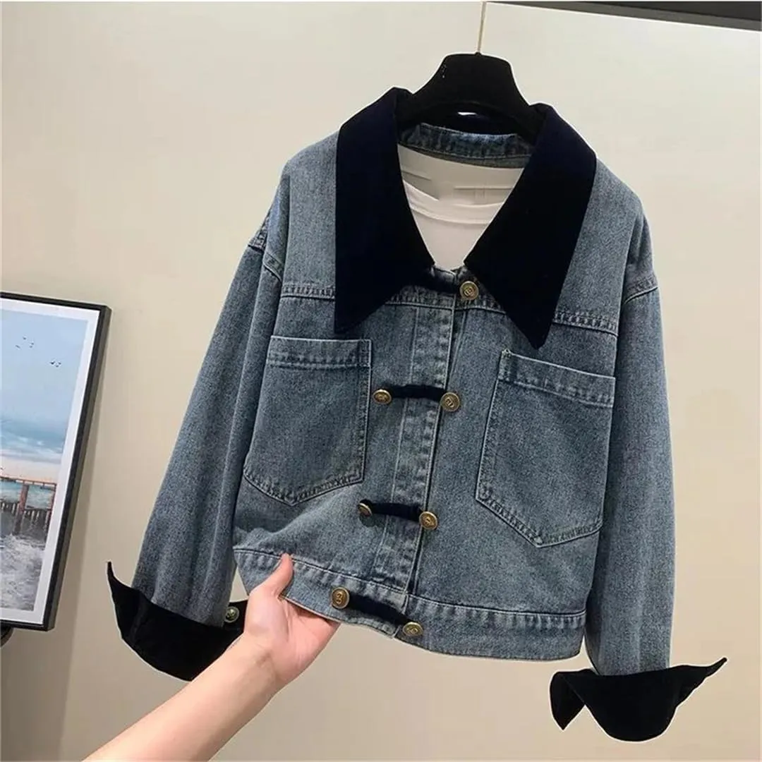 Vsadsau Women's Patchwork Denim Jacket Loose Long Sleeve Lapel Work Buttons Casual Jean Coats