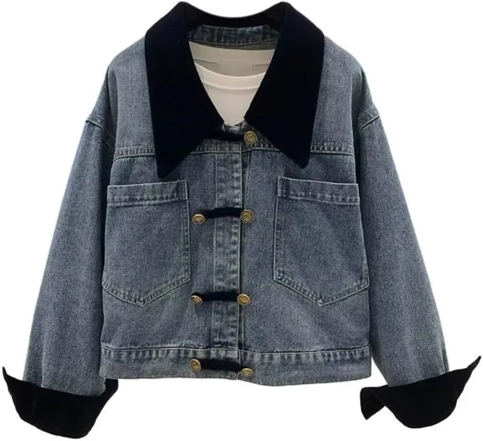 Vsadsau Women's Patchwork Denim Jacket Loose Long Sleeve Lapel Work Buttons Casual Jean Coats