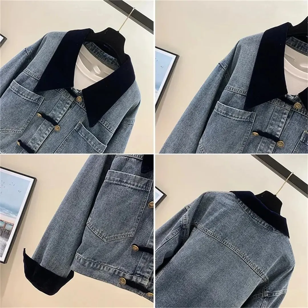 Vsadsau Women's Patchwork Denim Jacket Loose Long Sleeve Lapel Work Buttons Casual Jean Coats