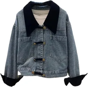 Vsadsau Women's Patchwork Denim Jacket Loose Long Sleeve Lapel Work Buttons Casual Jean Coats