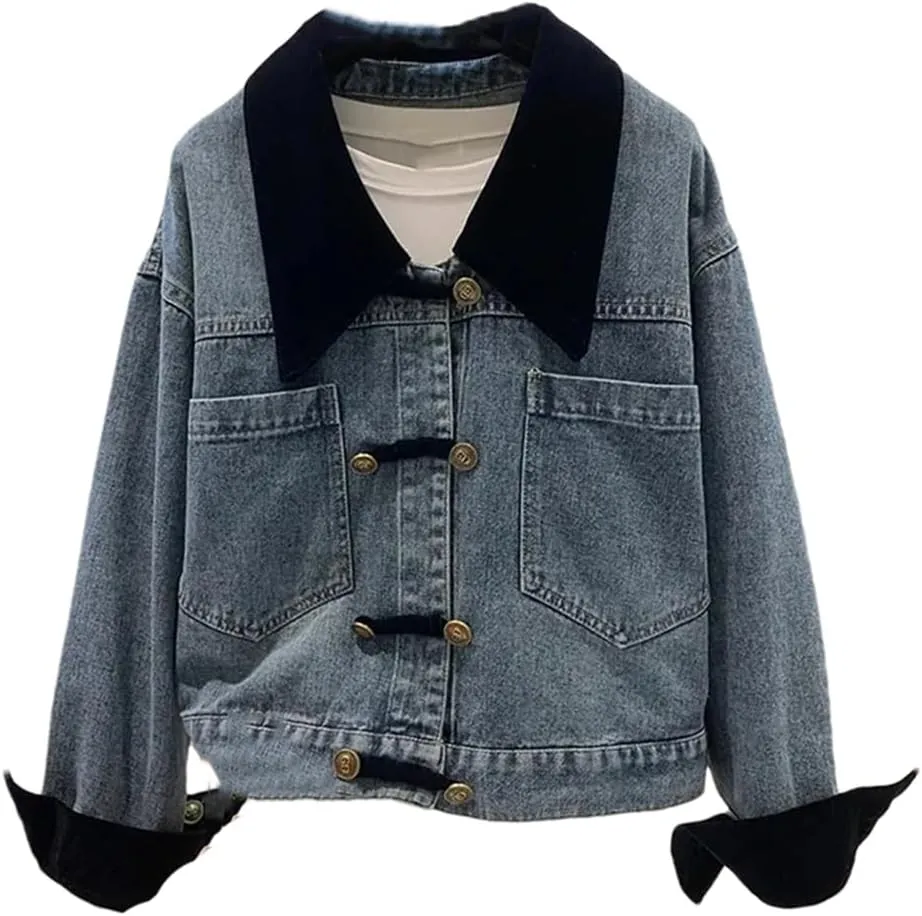 Vsadsau Women's Patchwork Denim Jacket Loose Long Sleeve Lapel Work Buttons Casual Jean Coats
