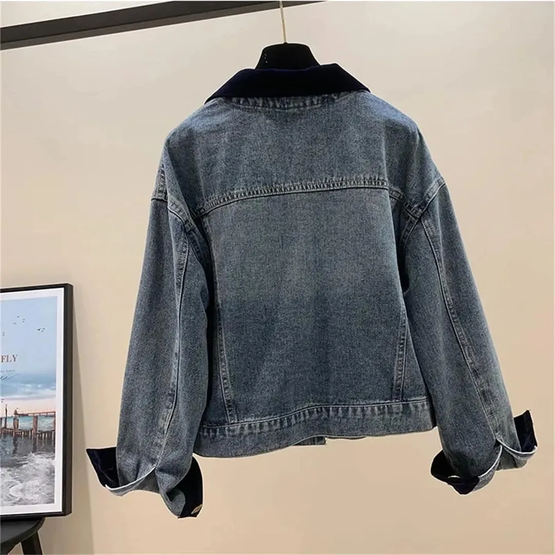 Vsadsau Women's Patchwork Denim Jacket Loose Long Sleeve Lapel Work Buttons Casual Jean Coats
