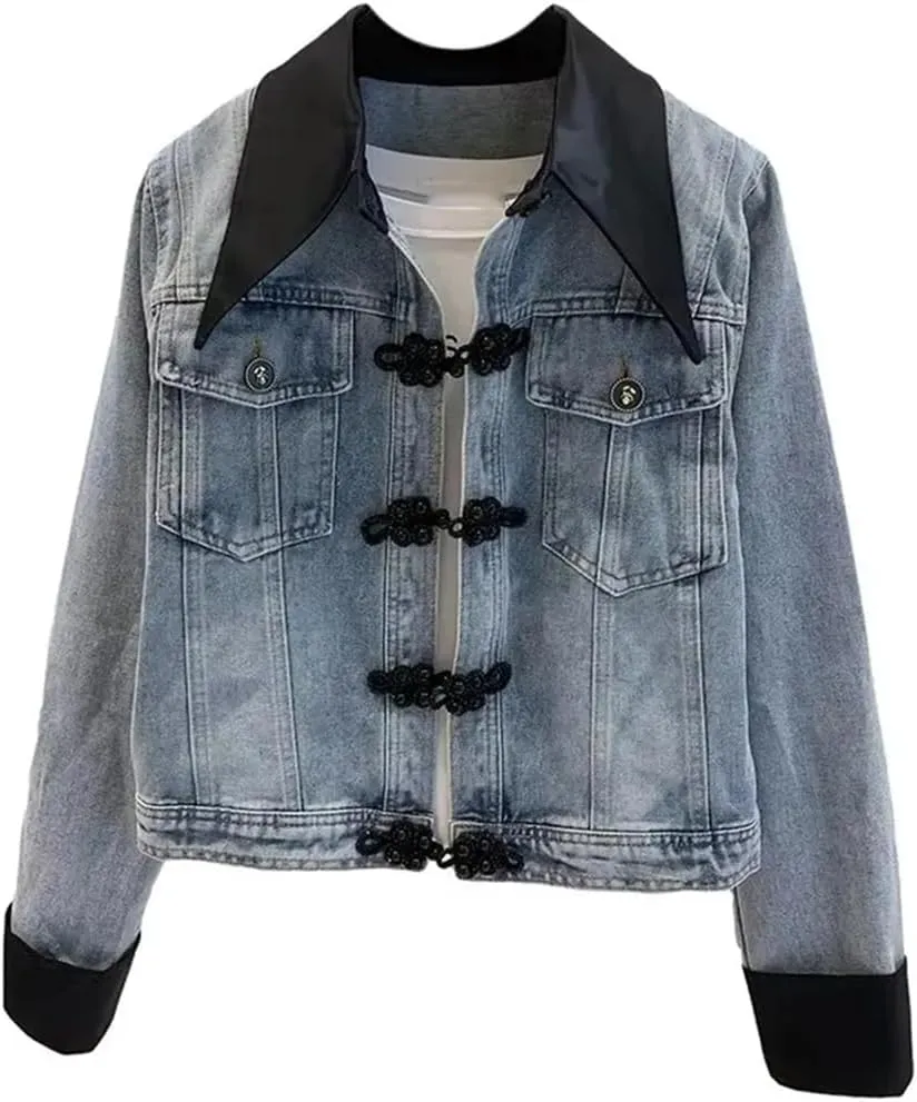 Vsadsau Women's Patchwork Denim Jacket Loose Long Sleeve Lapel Work Buttons Casual Jean Coats