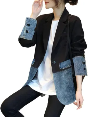 Vsadsau Women's Patchwork Denim Suit Jacket Loose Casual Lapel Long-Sleeved Jean Coats With Pocket