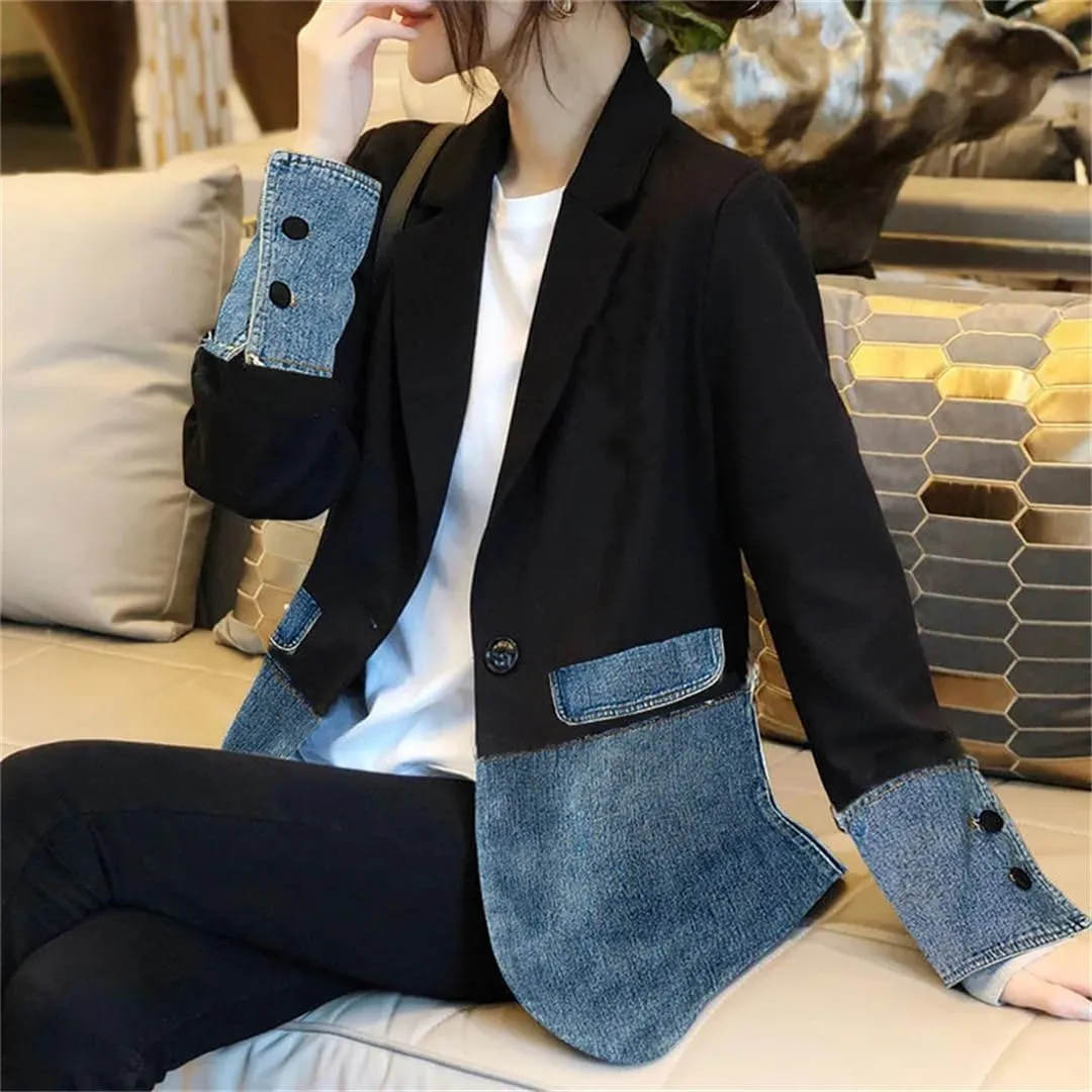 Vsadsau Women's Patchwork Denim Suit Jacket Loose Casual Lapel Long-Sleeved Jean Coats With Pocket