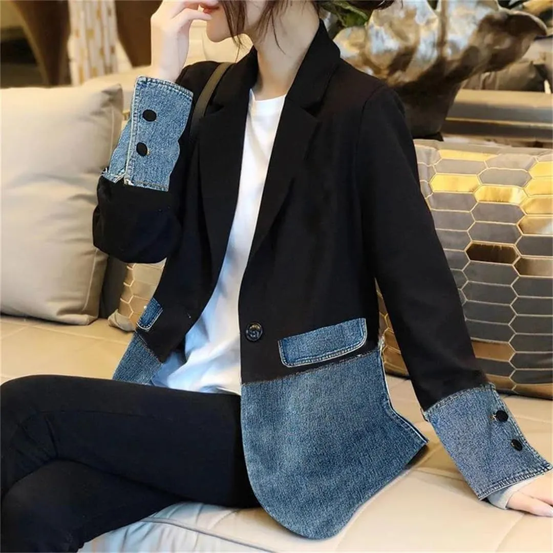 Vsadsau Women's Patchwork Denim Suit Jacket Loose Casual Lapel Long-Sleeved Jean Coats With Pocket