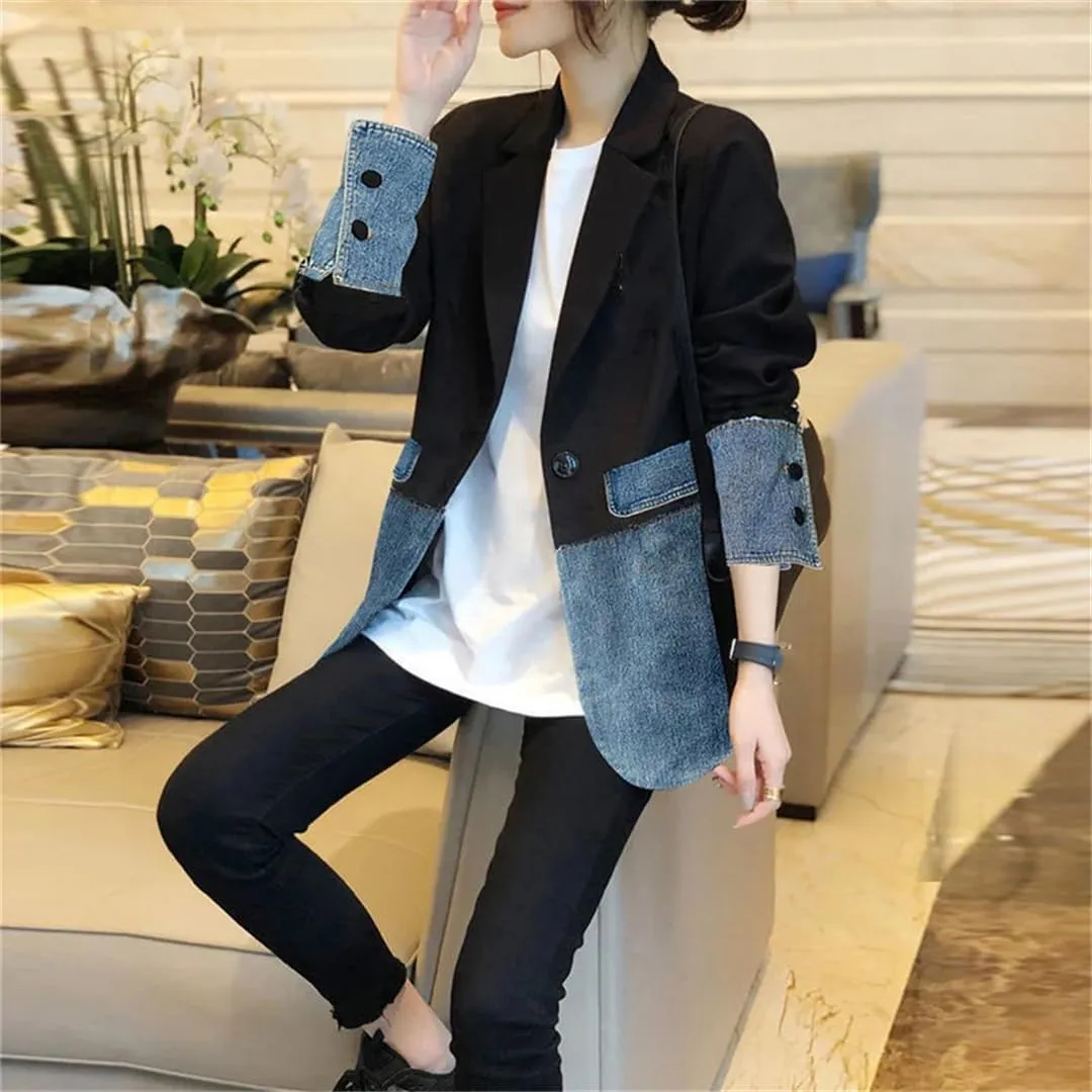 Vsadsau Women's Patchwork Denim Suit Jacket Loose Casual Lapel Long-Sleeved Jean Coats With Pocket