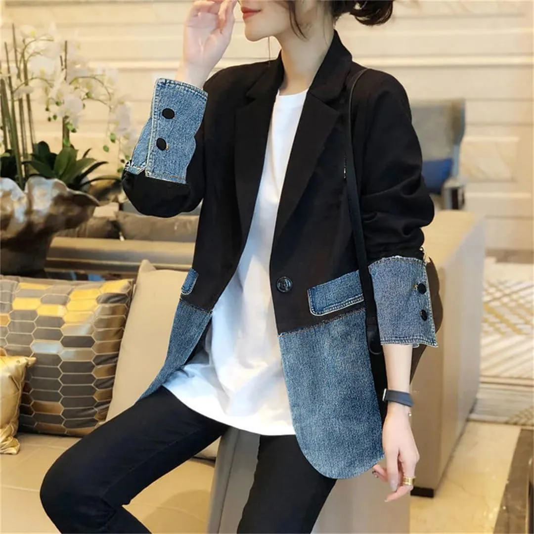 Vsadsau Women's Patchwork Denim Suit Jacket Loose Casual Lapel Long-Sleeved Jean Coats With Pocket