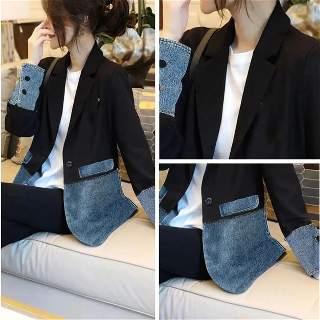 Vsadsau Women's Patchwork Denim Suit Jacket Loose Casual Lapel Long-Sleeved Jean Coats With Pocket