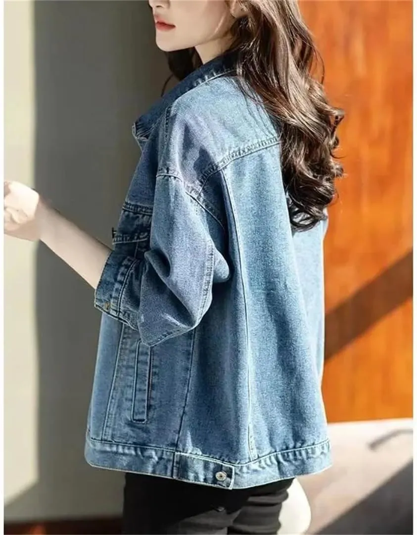 Vsadsau Women's Retro Denim Jacket Casual Long Sleeve Lapel Single Breasted Jean Coats